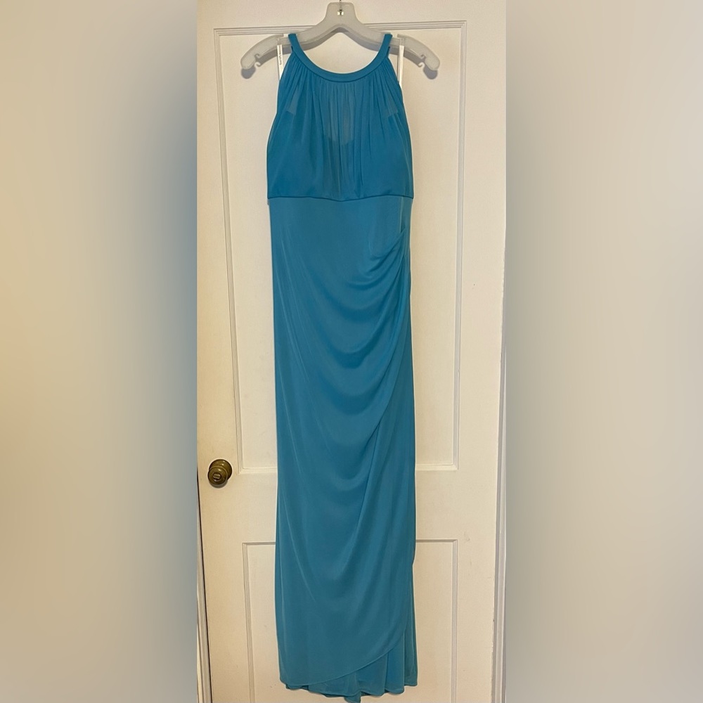 sleeveless long mesh dress with illusion neckline